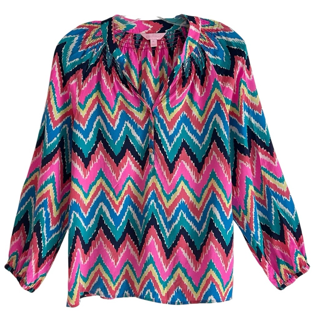 Lilly Pulitzer Elsa Hearts Flutter Silk Blouse XS